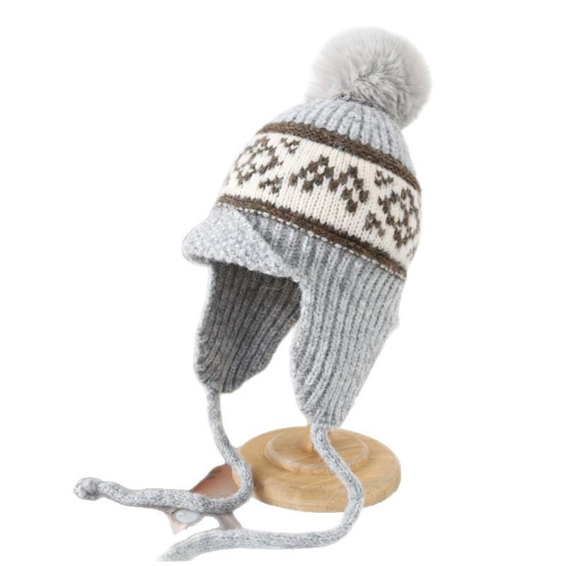 Autumn and Winter Warm Knitted Hat Women's Travel Versatile Bag Head Hat Cold Protection Ear Straps Wool Lei Feng Hat