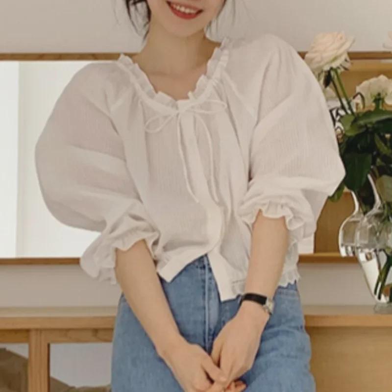 2023 Koreanischer Herbst Französischer Stil Spitze Laternenärmel Damenhemd
