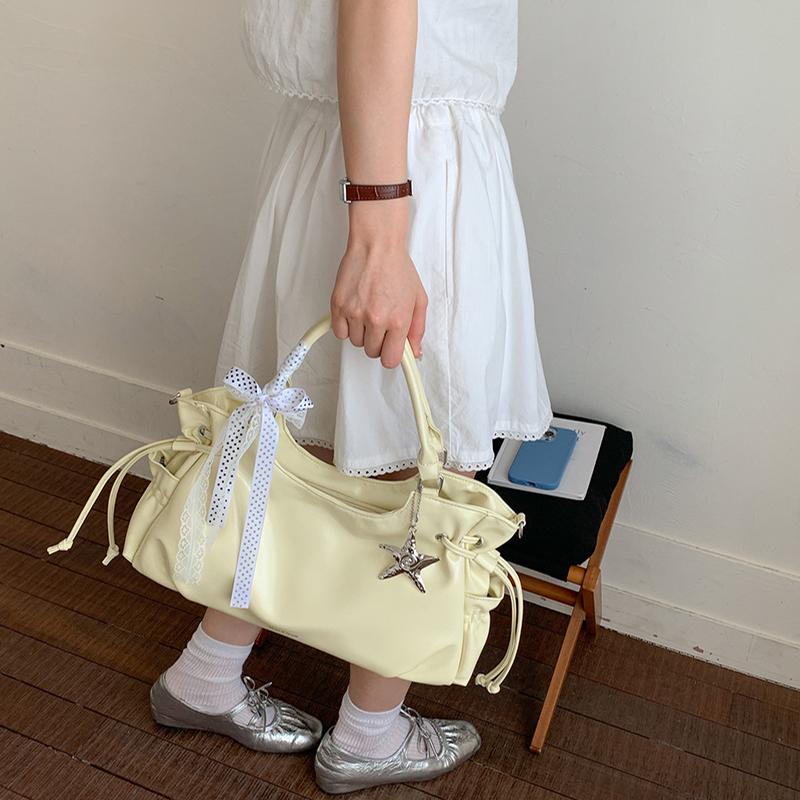 Brand Bow Lace Tote Bag Women Large Capacity Star Charm Handbag Soft Leather Drawstring Shoulder Bag Korean Commut Bucket Bag