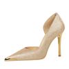 Scarpe Donna Stile Nazionale da Banchetto Tacchi Alti Tacco Sottile Bocca Bassa Laterali Vuote Raso Metallo Punta Appuntita Scarpe Singole