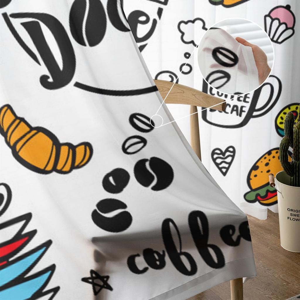 Cute Doodle Coffee Shop Coffee Tea Sheer Curtain For Bedroom Living Room Kitchen Window Voile Tulle Curtain