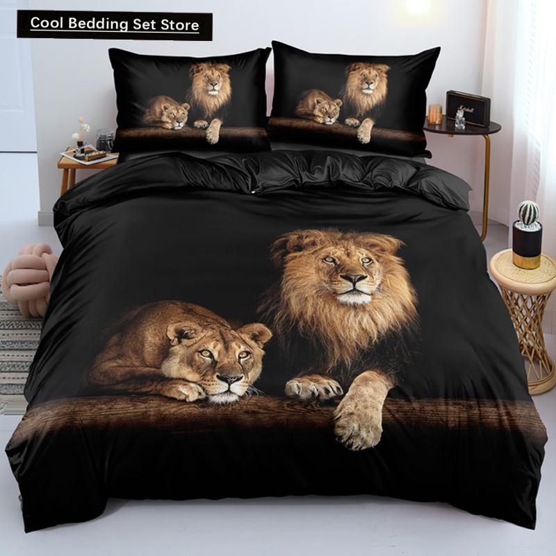 Comforter Lion Tiger King Queen Lovely Wild Animals Bedding Set For Kids Teens Adults Wildlife Grey Black 2/3Pcs