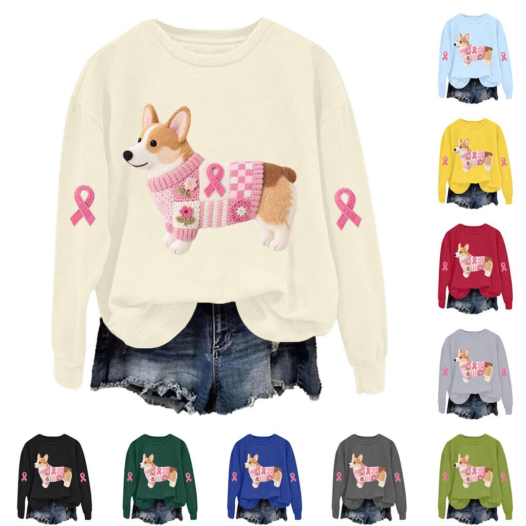 Breast  Sweatshirts For WomenRibbon Breast  Shirt Cute Dog Graphic  Long Sleeve Tops