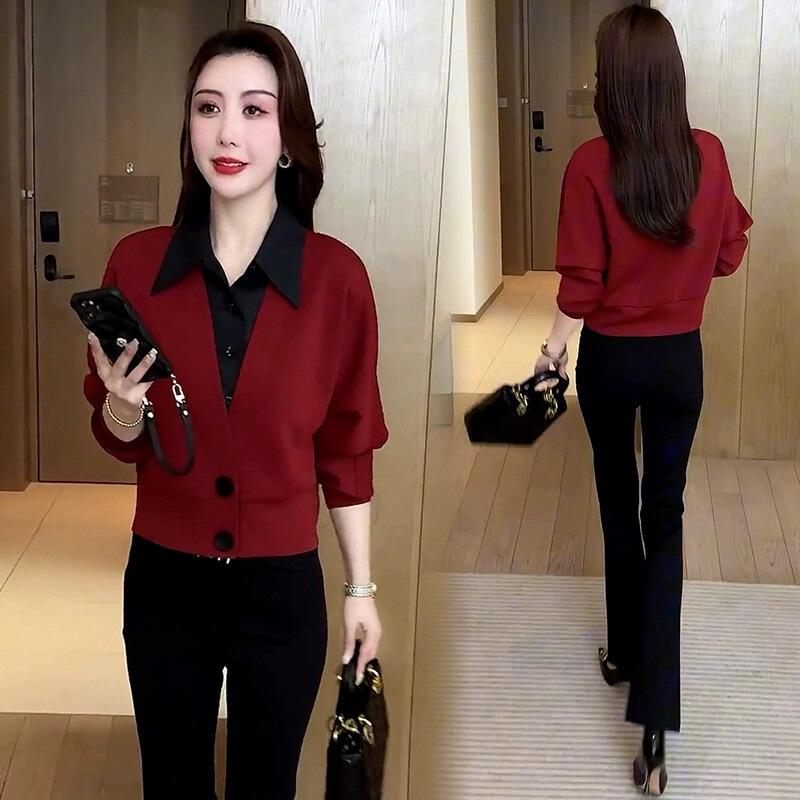 

Luxury Wine Red & Black Collar Women s Faux Two-Piece Seven-Point Sleeve Top 3XL