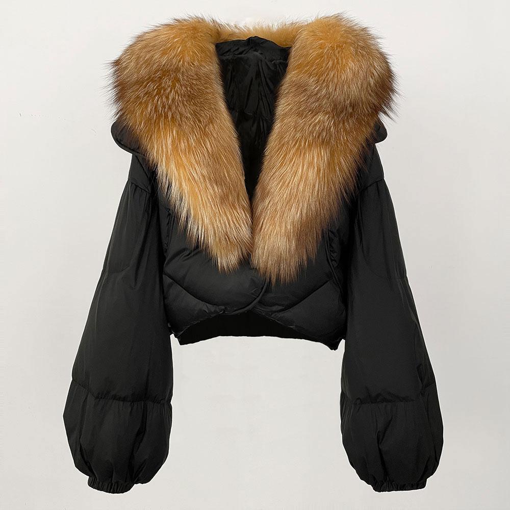 OFTBUY Jachetă de lux îngroșată și caldă de puf, la modă de iarnă, 90% puf de rață alb, haină scurtă pentru femei, cu guler de blană supradimensionat