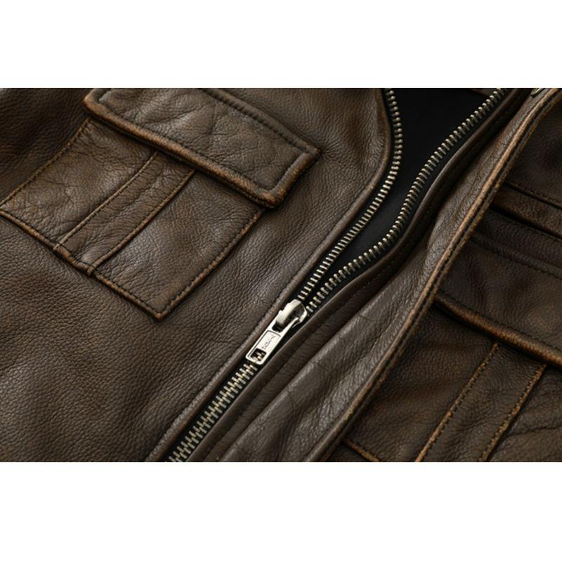 Chinese Size Men Leather Jacket Style Brown Genuine Cowhide Coat Soft Slim Fit Spring Vintage