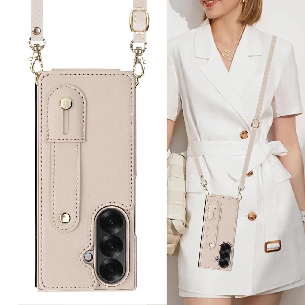 Applicable to Samsung Z FOLD7Folding phone case FOLD 6/5/4Crossbody wrist strap card holder phone leather case