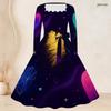 Plus Size Women Square Neck Long Sleeve Dress With Belt Dark Cosmic Galaxy Planet Golden Brush Print Swing Dress