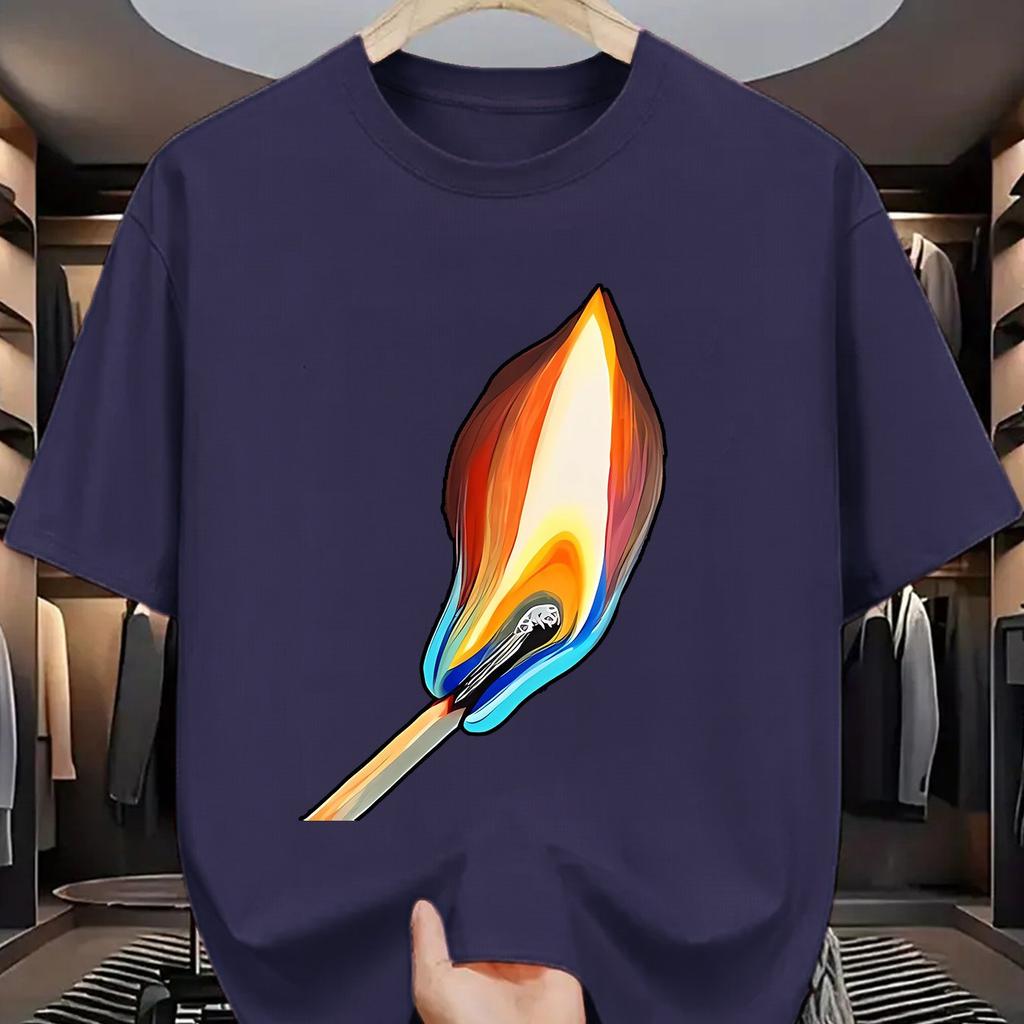Brennendes Streichholz Grafikdruck Herren Baumwoll T-Shirt Lässig Kurzarm Rundhalsausschnitt Sommer T-Shirt