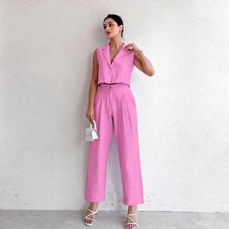 

European and American Fashion Minimalist Pure Color Sexy Sleeveless Vest Pants Suit Sexy Vest and Pants Set Pink S