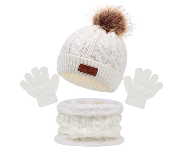 3 Stück Baby Mütze Schal Winter Gestrickt Polyester Beanie Kleinkind Mütze Kinder Junge Mädchen Säugling Flacher Rand Bommel Mützen Set Warm