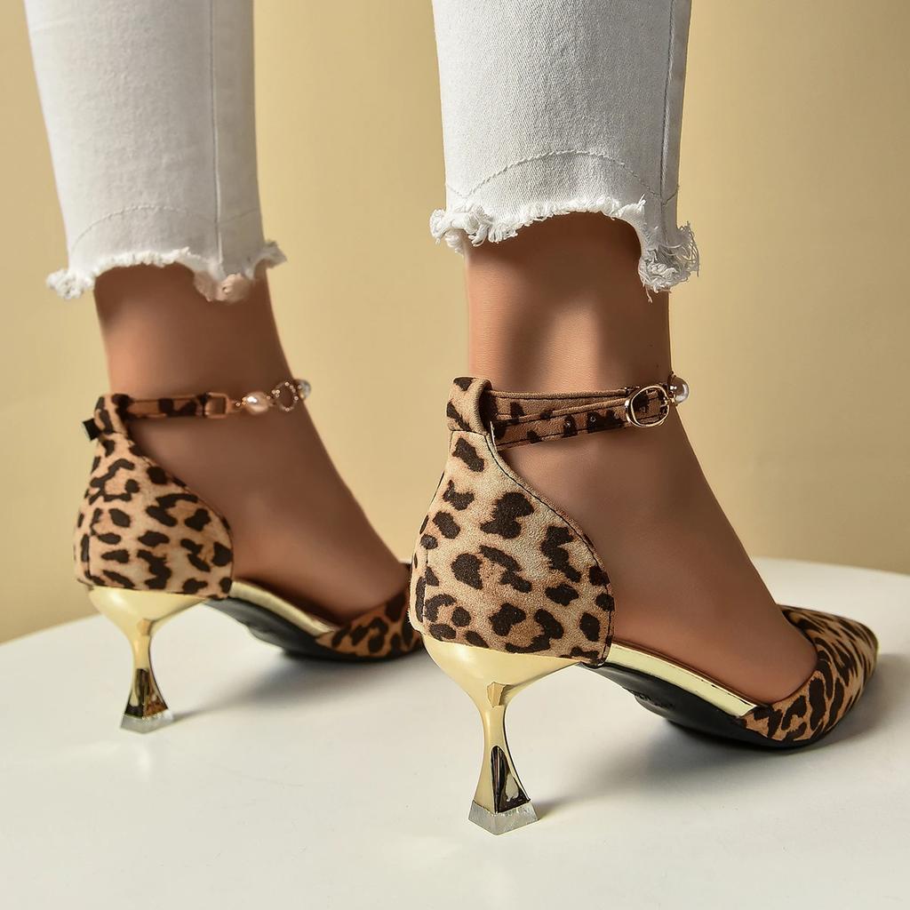 Women Sandals Large Size New Sexy European and American Strap Hollow Sandals Women Leopard Print High Heels Shoes for Women