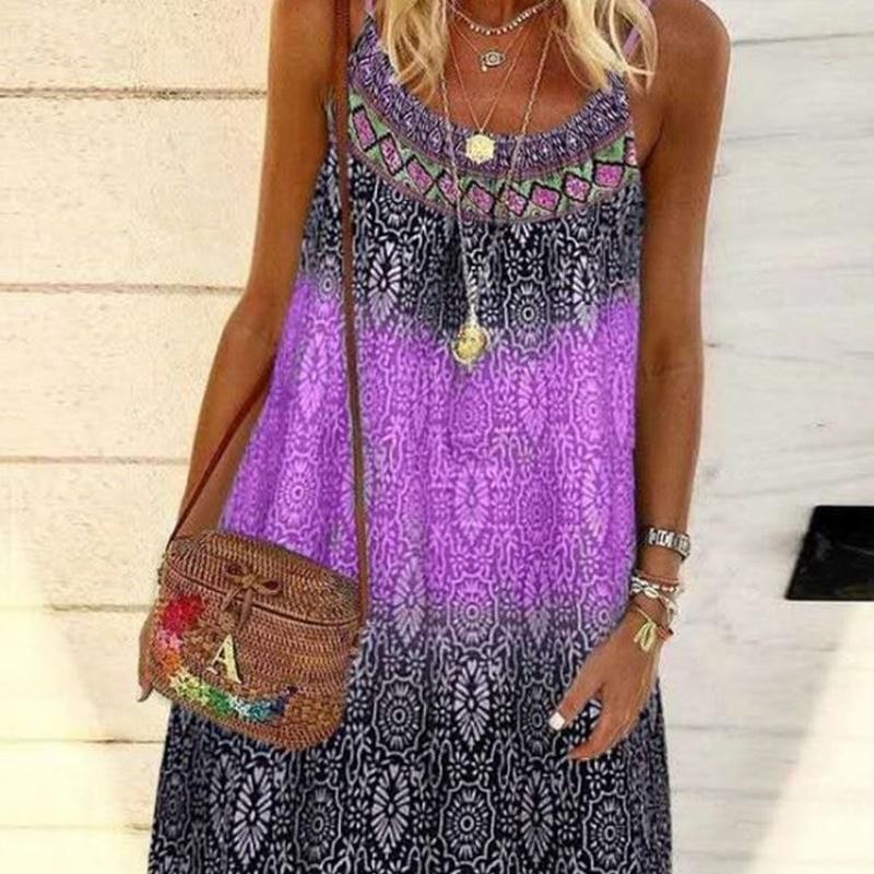 Ladies Fashion Summer Boho Loose Casual Print Ethnic Slip Dress