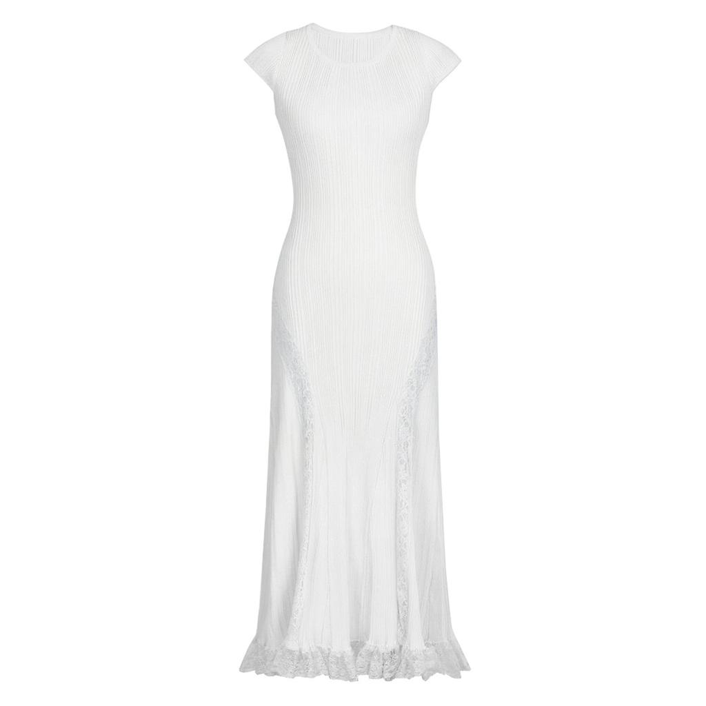 Elegant Lace Patchwork Knitted Midi Long Dress Women Chic Short Sleeve Ruffles Slim Fit Dresses 2026 Casual Daily Office Outfit