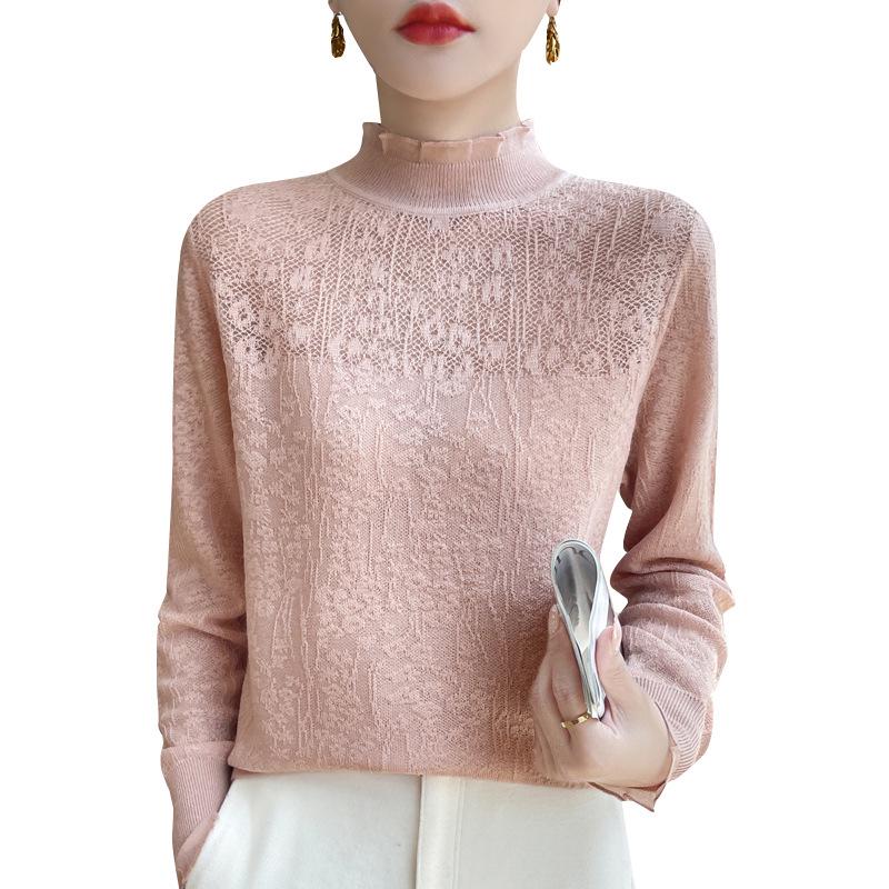 2025 Women's Lace Patchwork High Collar Imitation Wool Sweater with Ruffle Trim