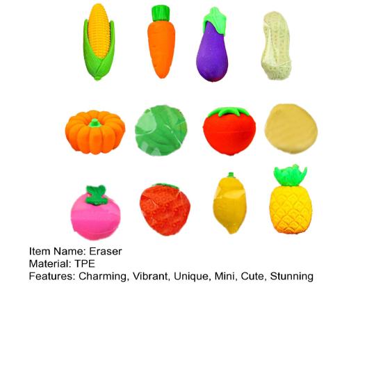 12 Stück Obst-Gemüse-Radiergummi Set Mini 3D Zitrone Tomate Aubergine Bleistift Radiergummi für Klassenzimmerpreise Geschenke Zubehör Schulanfang Partygeschenke