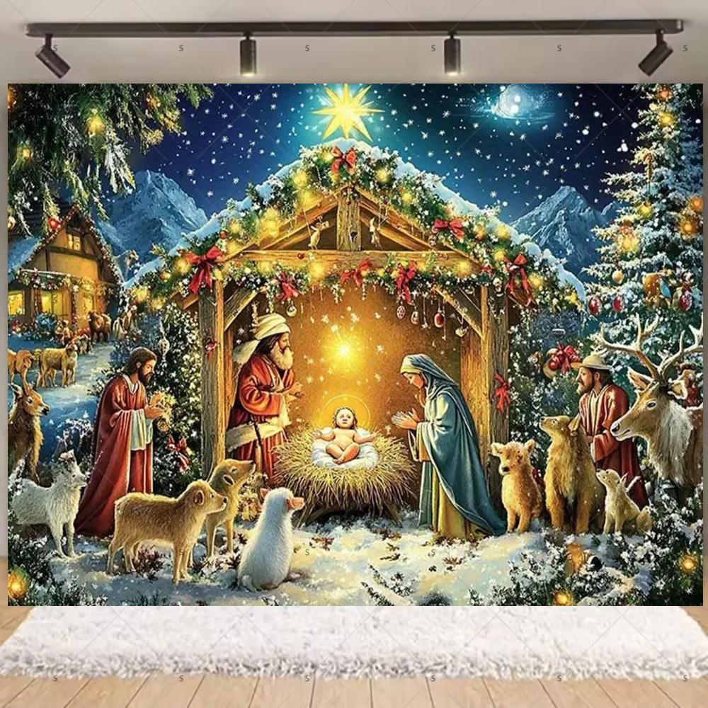 Nativity Scene Background Banner Starry Night Traditional Christmas Religious Jesus Backdrop Supplies Christmas Party Decoration