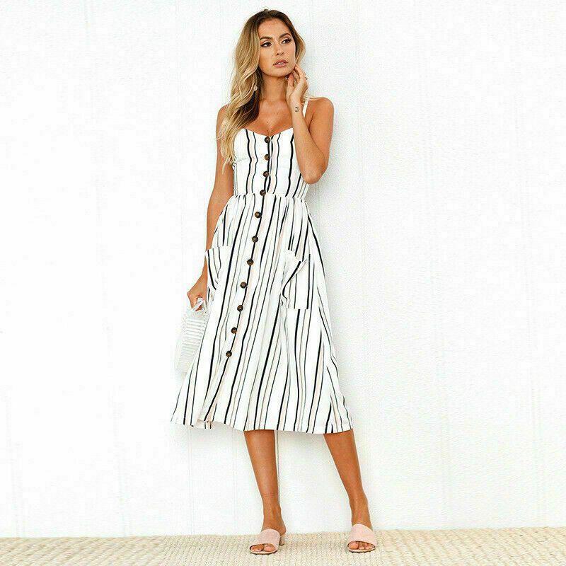 Elegante Abito Midi Estivo da Donna Boho con Spalline Sottili e Tasche a Bottone