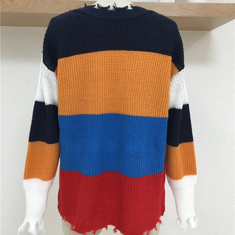 IHUASU Autumn and Winter Women's Knitwear V-neck Pullover Loose Rainbow Jumper