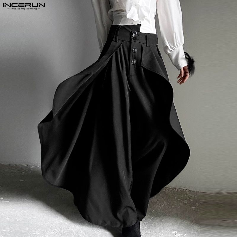 INCERUN Men's Style Punk Wide Leg Trousers Gothic Loose Ruffled Casual Skirt Pants Streetwear Bottoms