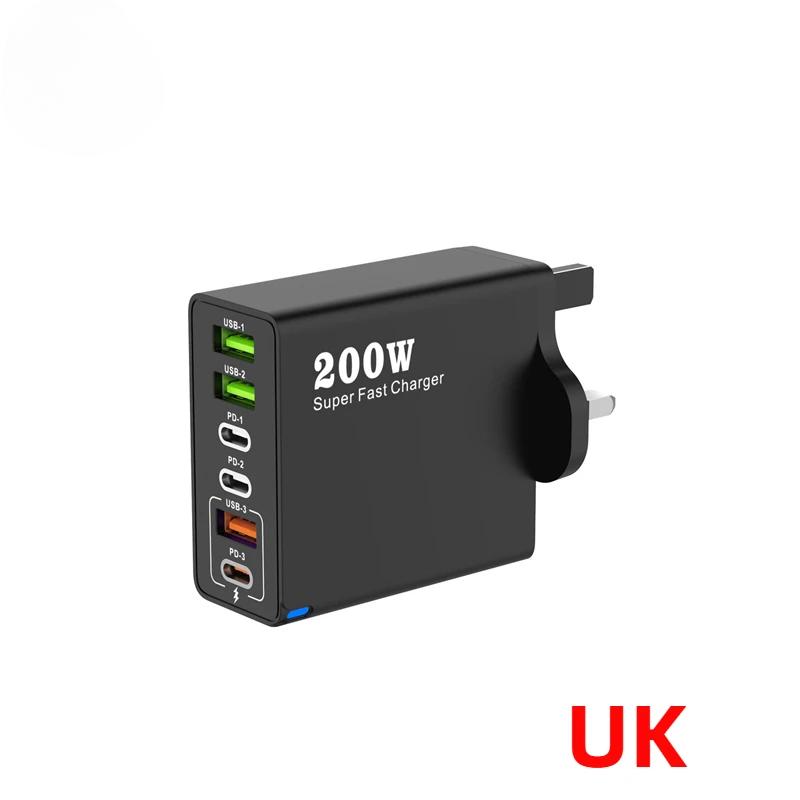 

200 Вт Супербыстрая зарядка 6 портов USB C Зарядное устройство PD3.0 USB C Type C Зарядное устройство для мобильного телефона для iPhone 16 Samsung Xiaomi ipad Phone UK Plug чёрный