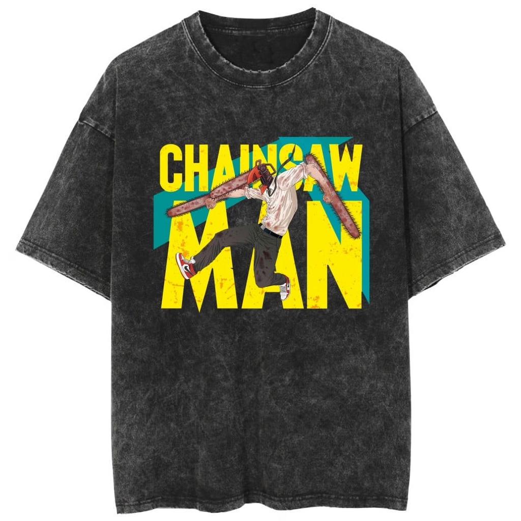 Kettensägenmann Power Anime Bedrucktes T-Shirt für Herren und Damen Gewaschenes T-Shirt Hohe Qualität Vintage Baumwoll-T-Shirt YK Tops