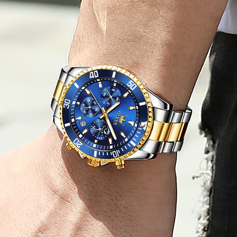OLEVS Fashionable Business Popular Quartz Watch Waterproof Analog Watch Date Metal Band Casual Easy to Read Fashion Arm Watch Blue Dial Stainless