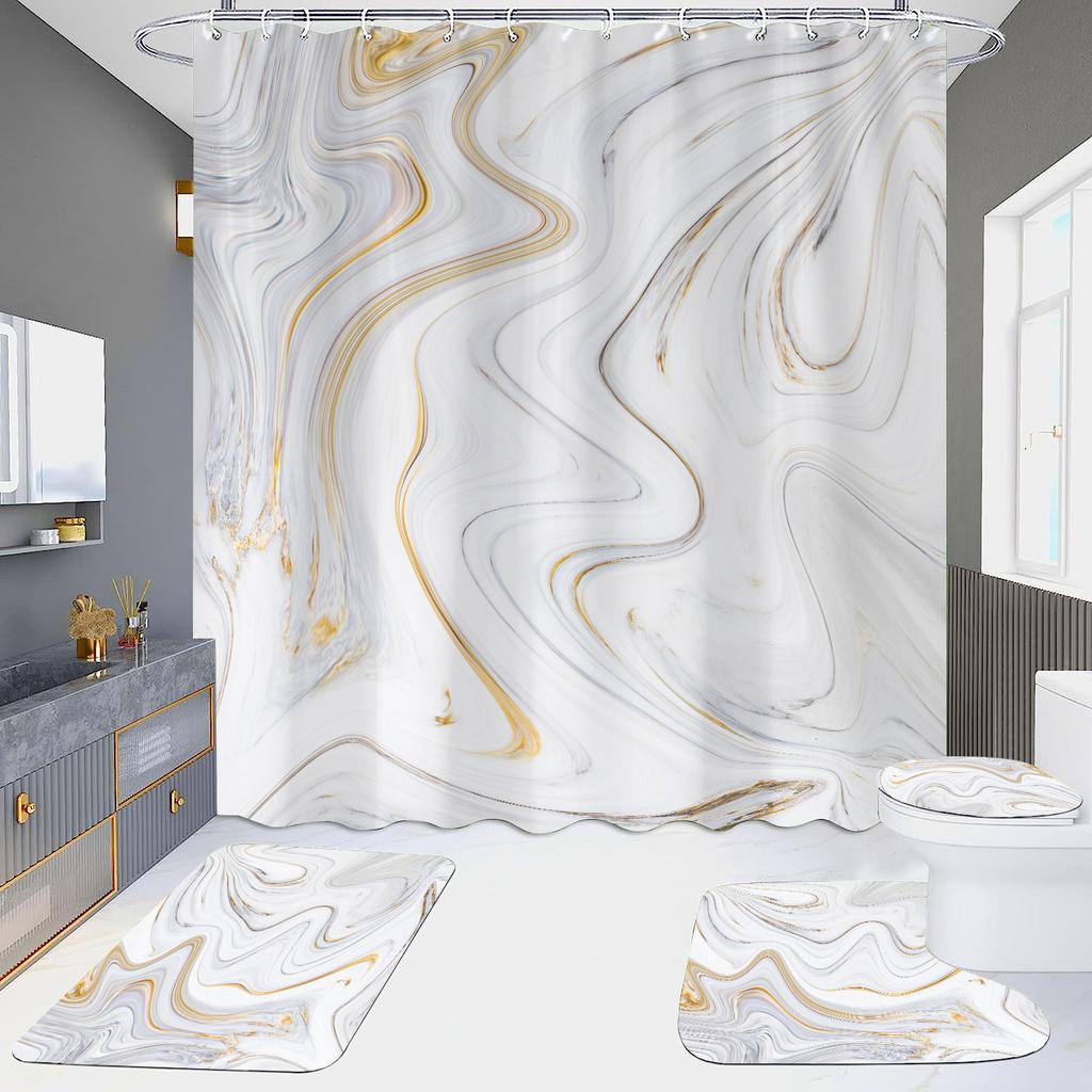 4Pcs Marble Series Shower Curtain Sets for Bathroom Non-Slip Bathroom Rugs Lid Toilet Cover Bath Mat