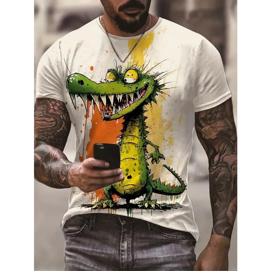 Tričko s krátkým rukávem a kulatým výstřihem a vzorem krokodýla v komiksovém stylu s motivem barvy a stop po něm, ležérní a elegantní topy pro muže v letním pouličním oblečení