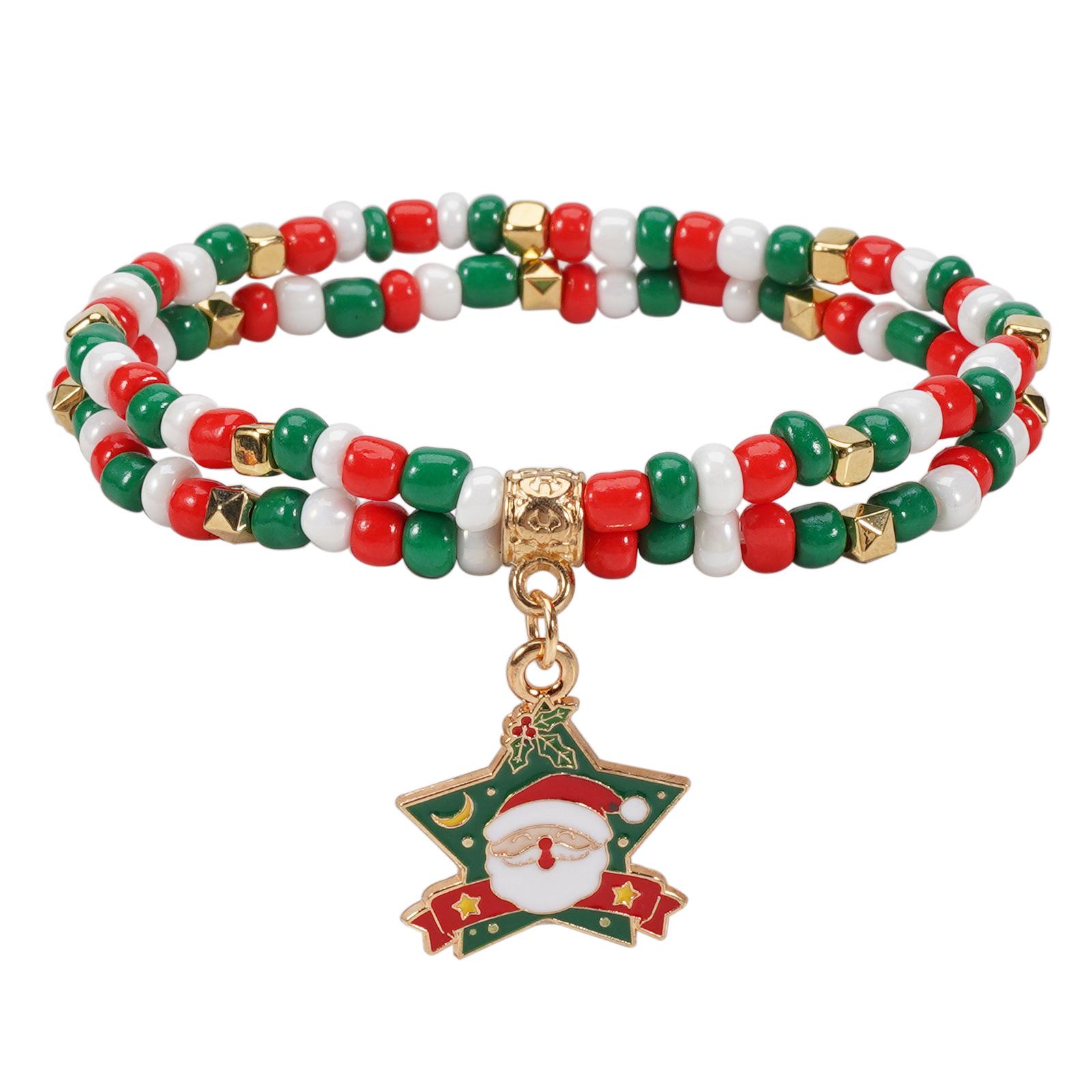 

Festive Christmas Charm Bracelet with Snowman, Snowflake, Christmas Tree, Santa, Reindeer, and Hat Beads. Perfect for Holiday Parties!