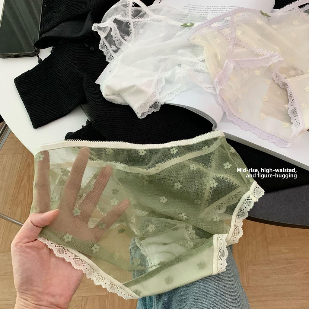 Ladies Spring Summer Sexy Hollowed Out Lace Mesh 10A Antibacterial Mid Waist Panties