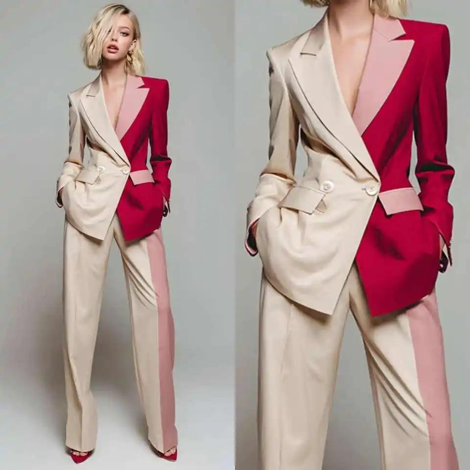 Completo Donna Splicing Design 2 Pezzi Giacca Pantalone Revers a Punta Pendolare Ufficio Palcoscenico Occasione Formale