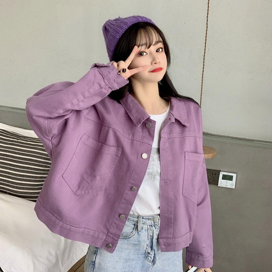Új Lila Farmerdzseki Női Rövid Laza Vintage Retro Alkalmi Dzseki Felső Ins Divat