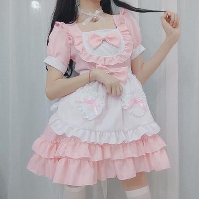 Japanese Sweet Maid Dress Pink Cosplay Costume Halloween Anime Role Play