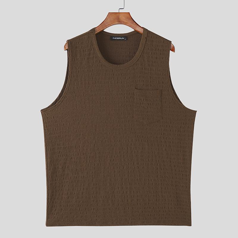

INCERUN Summer Men Sleeveless Texture Loose Casual Tank Tops Vest 5XL коричневий