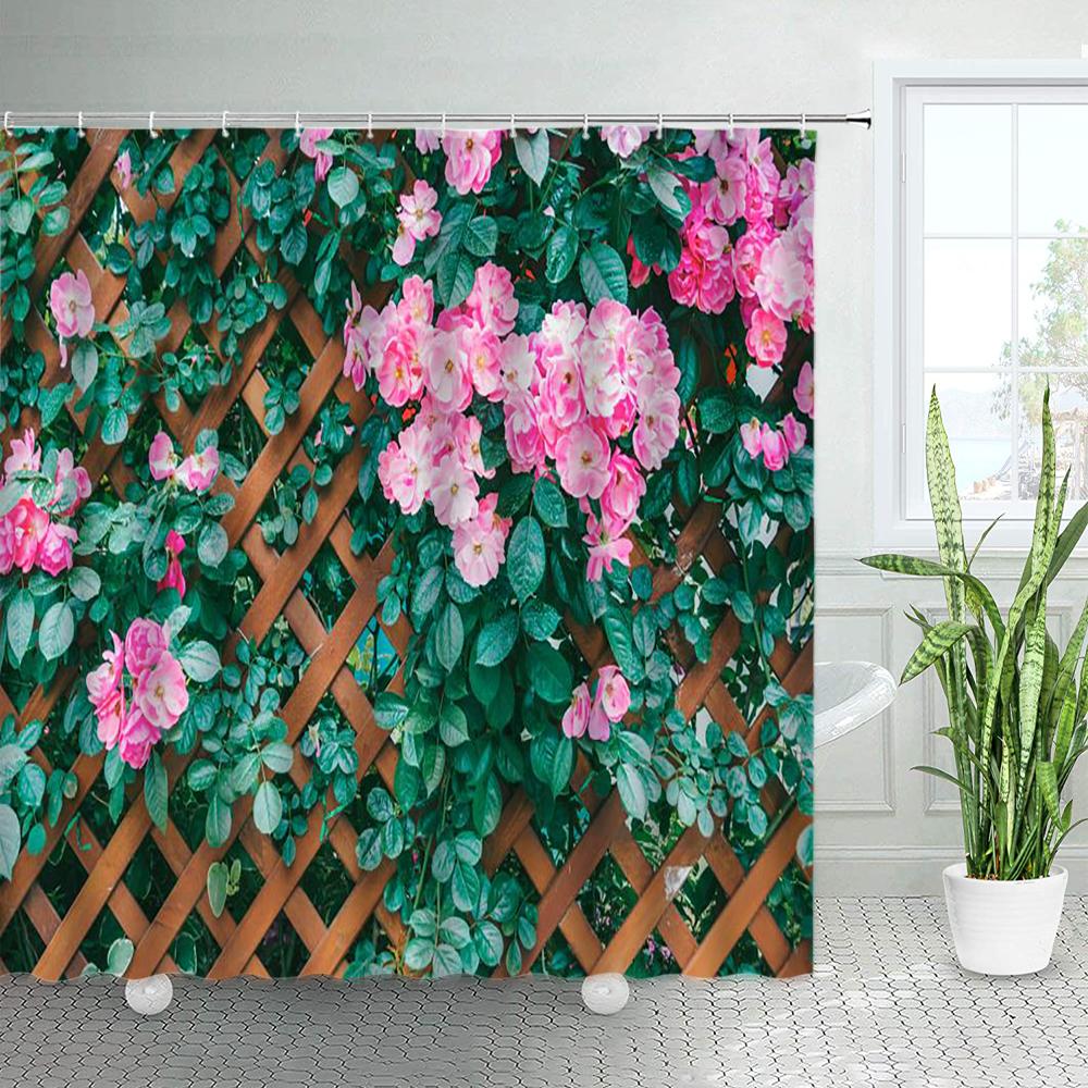 Spring Rural Landscape Shower Curtains Set Pink Flowers Tree Forest Natural Floral Green Plant Scenery With Hooks Bathroom Decor