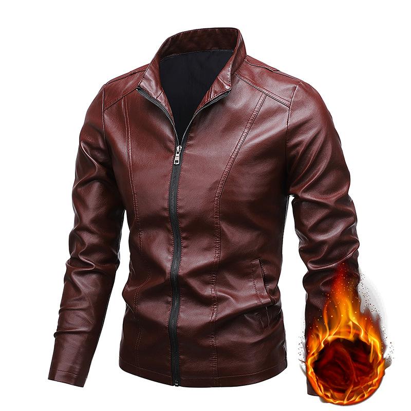 

Мужская кожаная куртка со стоячим воротником, осенний свободный облегающий мотоциклетный велокостюм, зимняя утолщенная плюшевая рабочая одежда из искусственной кожи M вино красного