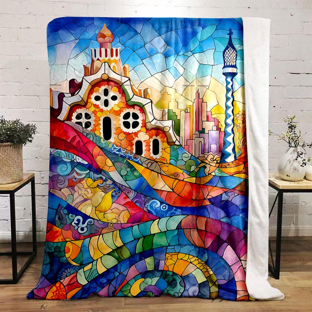 A vibrant stained glass design with curving patterns and architectural forms. for all seasons blanket lunch break throw gift