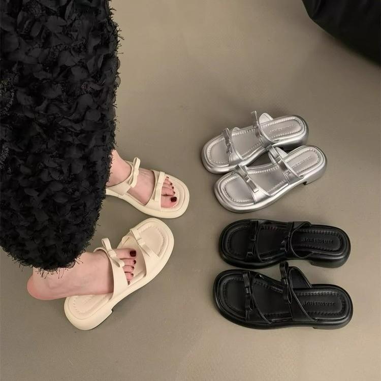 Summer Women's Slippers Stylish Peep Toe Low Heel Silver Women's Comfortable Beach Shoes Sapatilas