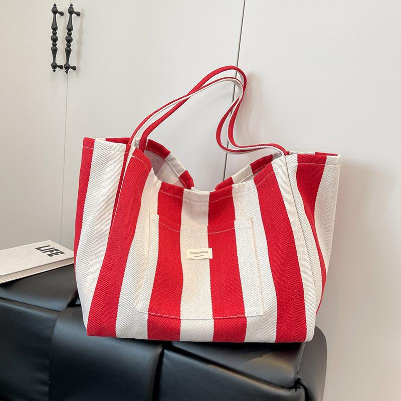 Väska Lättvind Underarmsväska Ny Casual Randig Kanvasväska Stor Kapacitet Axel Shoppingväska Väska