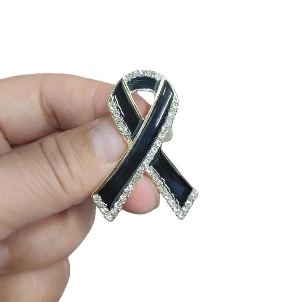 

Rhinestone Crystal Black Ribbon Pin Awareness Skin Cancer Funerals Memorial Pin Melanoma Cancer Vintage Mourning Badge Brooch