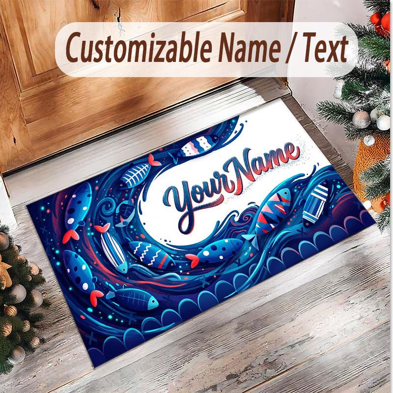 Fish Ocean Theme Soft Crystal Velvet Rug Custom Name & Text Print Non Slip Floor Rug for Bedroom Living Room