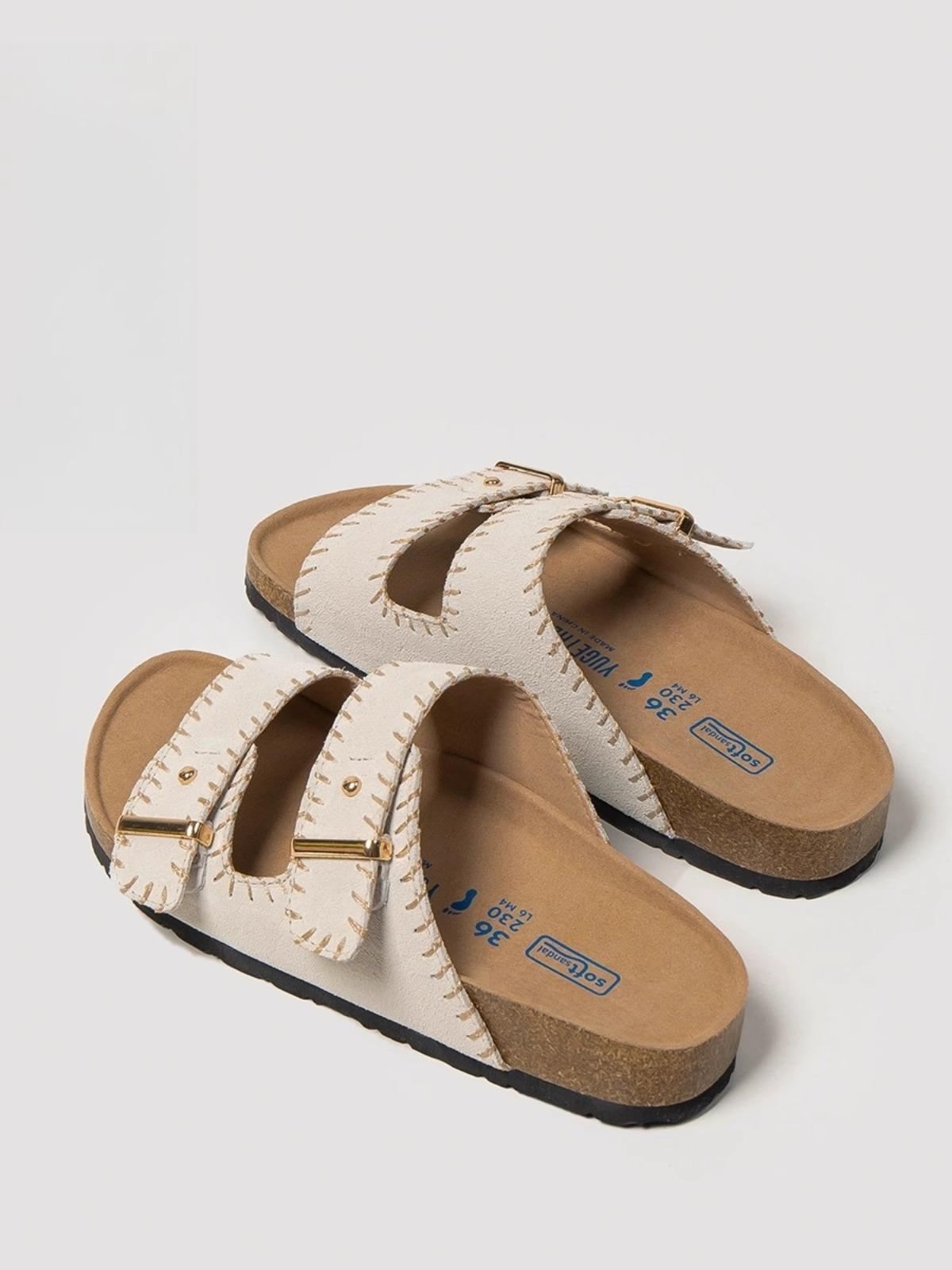 

[White Deer Same Style] March Love Letter~ Cowhide Edition Thick-soled Boken Shoes Women s Summer Lazy Wear One-Word Cool Slippers 35