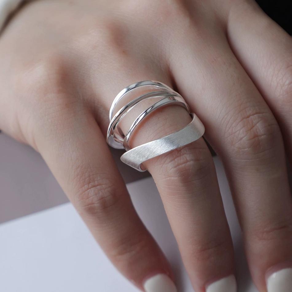 PANJBJ 925 Silver Frosting Geometry Ring for Women Wide Texture Versatile Handmade Ins Jewelry Gift
