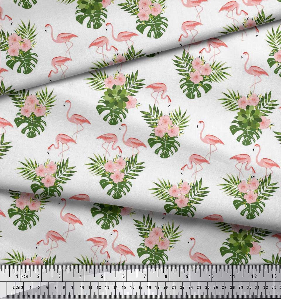 Soimoi Japan Crepe Satin Fabric Tropical Leaves,Floral & Flamingo Bird Print Fabric by the metre 42 Inch