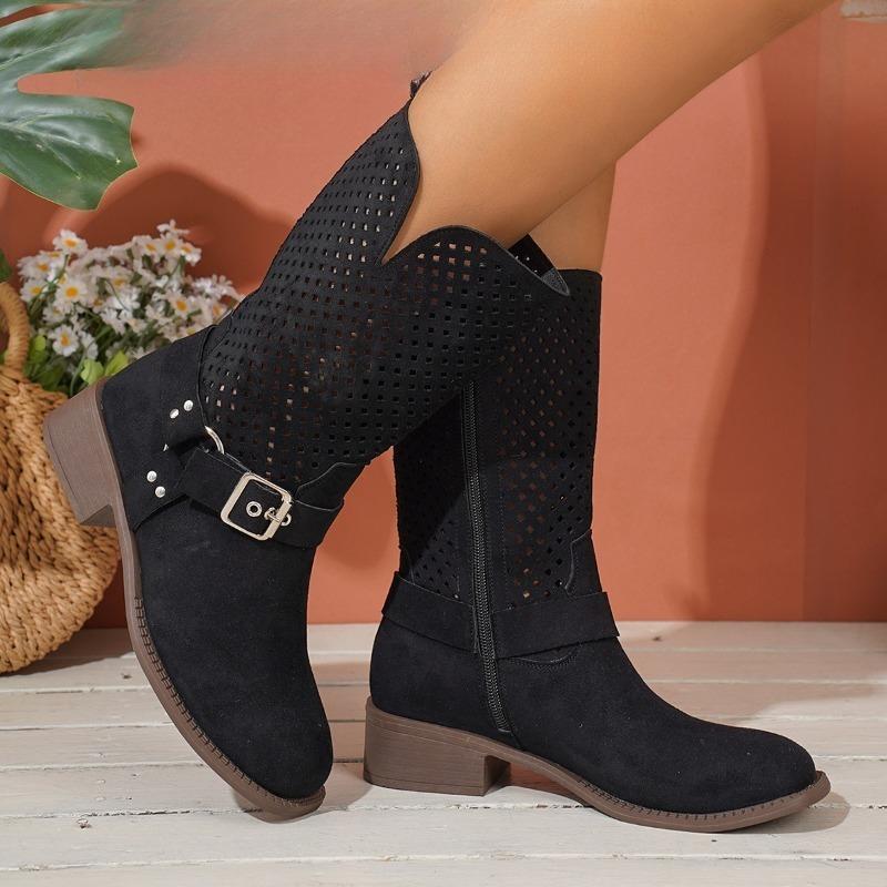 Women Mid-Calf Boots Retro Ethnic Style Summer Cool Boots Breathable Hollow Out Mesh Boot Classic Western Cowboy Boots for Women