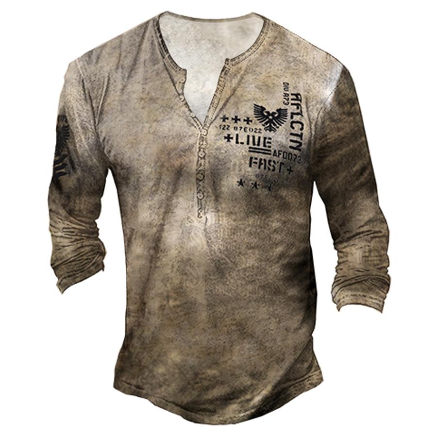 Men Clothes Autumn Casual Long Sleeve Round Neck Button T Shirt Men Sport 3D Digital Print Tops Henry's Shirt