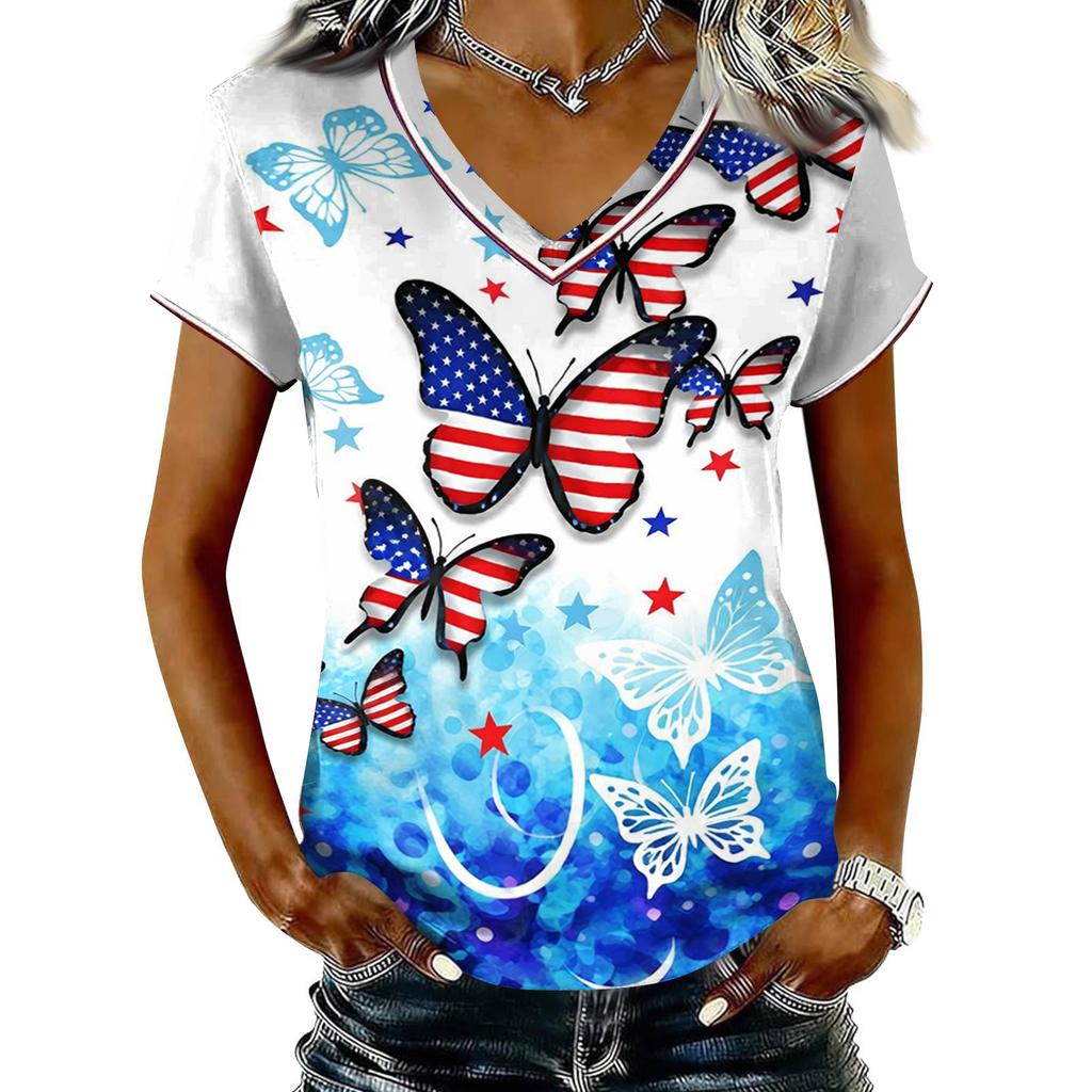Women V Neck Short Sleeve Pullover T Shirt with Printed Star Pattern Casual Loose Fit Top for Everyday Wear