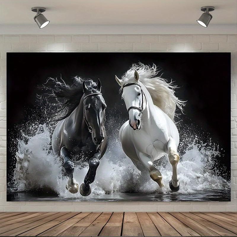 1pc Black White Horses Running Splash Water Tapestry Dynamic Animal Wall Art Living Room Decor Powerful Equestrian Print
