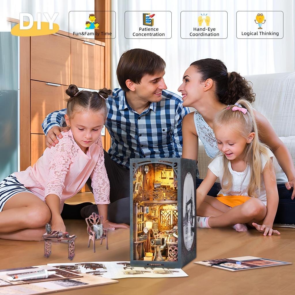 Book Nook DIY Kit for Wooden 3D Miniature House Assembly Bookshelf Camera for Photography Enthusiasts Adults, Puzzle, Kit, Decoration, Model, "Movie